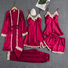 (Scarlet, XL) New style pajamas with breast pads, European and American large sizes, golden women's floral five-piece set, thin home clothes