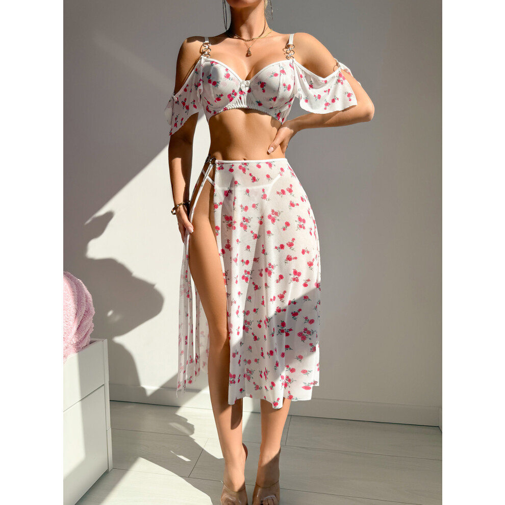(White print, S) Sexy lingerie sets European and American popular sexy stitching hollow mesh leopard print sexy lingerie set