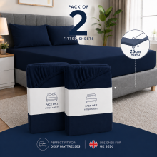 (2X Navy, King) 25cm Plain Microfiber Fitted Bed Sheet-Pack of 2 Machine Washable Anti Allergic Premium Quality Fitted Sheets