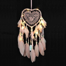 Handgemaakte dromenvanger in bohemian stijl, hartvormig en voorzien van ledverlichting, romantische wanddecoratie (roze, met verlichting)