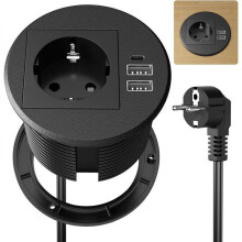 Unterputz-Steckdosenleiste mit 1 Steckdose, 2 USB-A-Anschlüssen und 1 USB-C-Anschluss, Ø 80 mm, für Schreibtische, Arbeitsplatten und Möbel,
