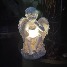 Engelsfigur mit Sonnenlicht, Gartenfigur aus Kunstharz, 14,5 x 15,5 x 20 cm