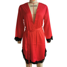 (BurgundyRobe,OneSize)Camisón fino de seda para mujer con ribete de encaje y estilo informal para salón en casa y