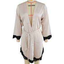 (ChampagneRobe,OneSize)Camisón fino de seda para mujer con ribete de encaje y estilo informal para salón en casa y