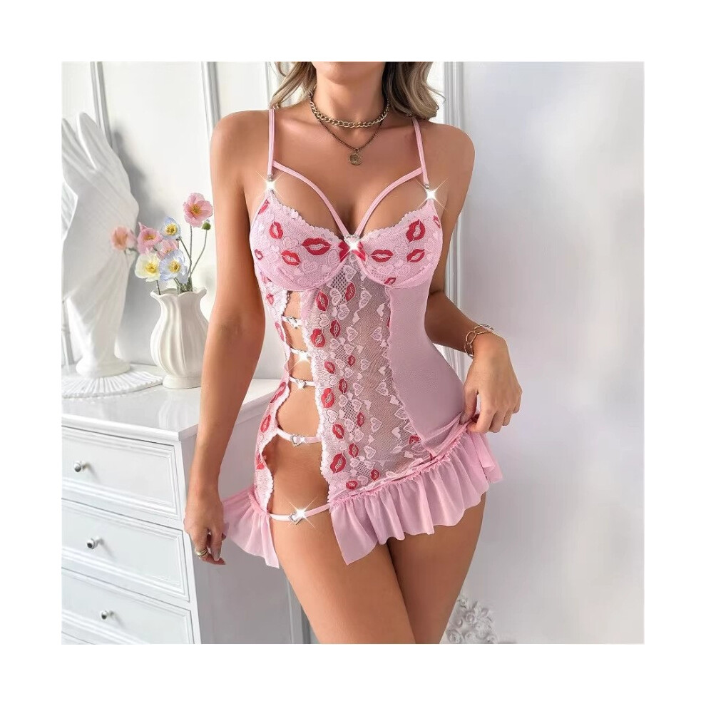 (Pink + red lips, XXXL) Popular women's temptation hollow heart button lace mesh passionate sexy see-through pajamas