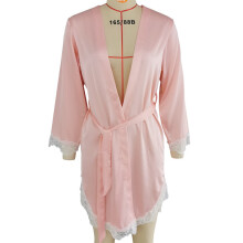 (PinkRobe,OneSize)Camisón fino de seda para mujer con ribete de encaje y estilo informal para salón en casa y