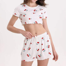 (Cherry, XL) Women's printed suspender shorts are comfortable, casual and sexy with stripes and can be worn outside as home clothes set