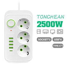 Steckdosenleiste mit 3 Steckdosen und 4 USB-Anschlüssen (1 USB-C-Anschluss), 8-in-1-Steckdosenleiste für Zuhause und Büro, Weiß