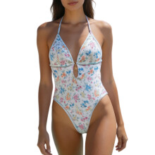 Floral Print Swimming Costume Polyester Texture-Cream floral L