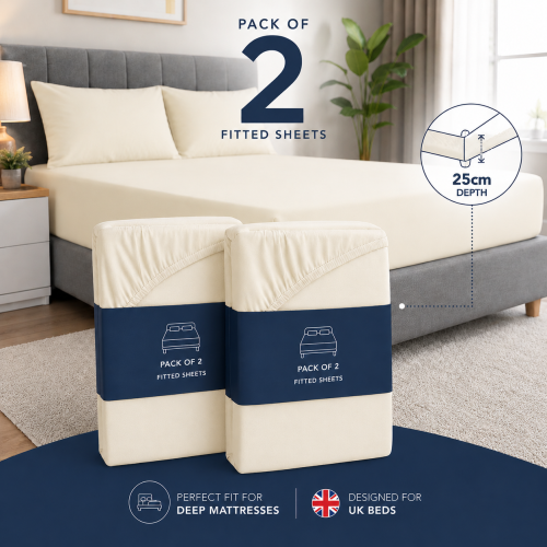 (2X Cream, King) 25cm Plain Microfiber Fitted Bed Sheet-Pack of 2 Machine Washable Anti Allergic Premium Quality Fitted Sheets