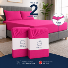 (2X Pink, Single) 25cm Plain Microfiber Fitted Bed Sheet-Pack of 2 Machine Washable Anti Allergic Premium Quality Fitted Sheets