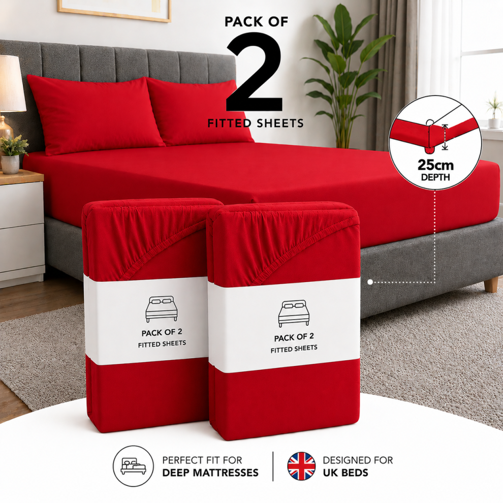 Aspire Homeware (2X King) 25Cm Plain Microfiber Fitted Bed Sheet-Pack Of 2 Machine Washable Anti Allergic Premium Quality Fitted Sheets Red