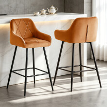 (ORANGE) Set of 2 Bar Stools Velvet Upholstered Kitchen Pub