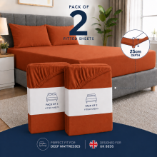 (2X Rust/Orange, Super King) 25cm Plain Microfiber Fitted Bed Sheet-Pack of 2 Machine Washable Anti Allergic Premium Quality Fitted Sheets