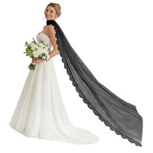 Châle en Tulle avec bordure en dentelle délicate, longue-Noir