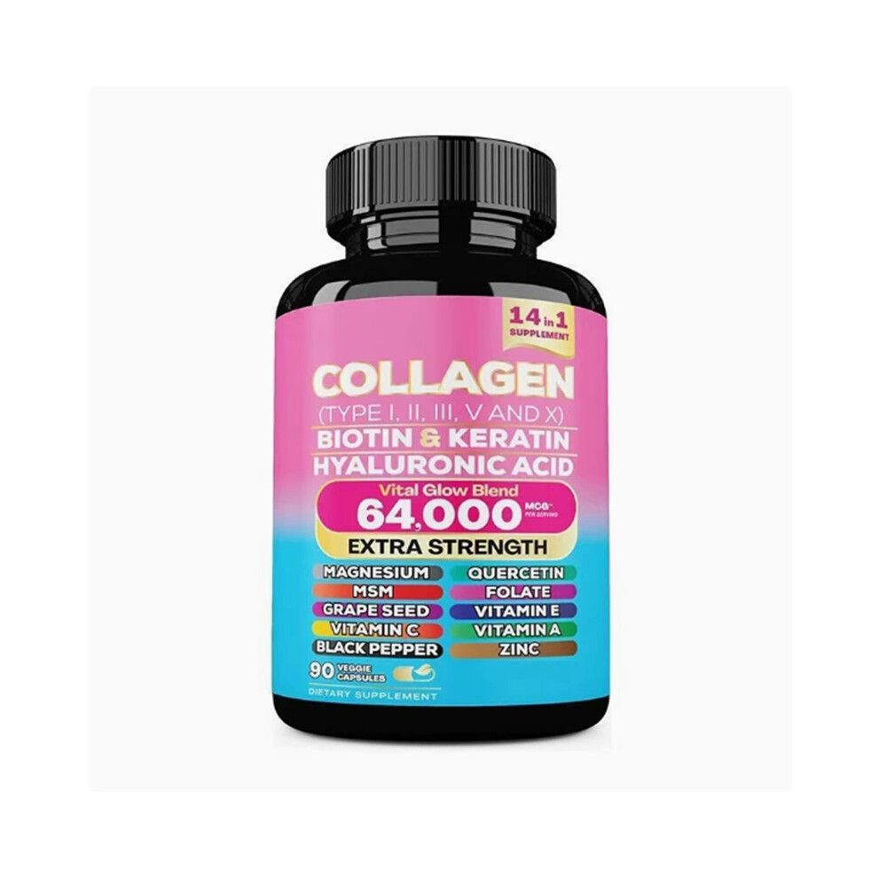 (90 Count (Pack of 2)) 14-in-1 Collagen Complex 64000mcg, with Biotin, Keratin & Hyaluronic Acid, Skin Hair & Nails Support, 90 Veggie Capsules