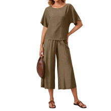 2 Piece Sets for Women Cap Sleeve Crop Top Wide Leg-Khaki S