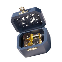 Wooden Hollowout Carving Music Box With Wind Up Operations-Blue