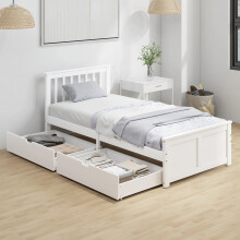 HOMCOM Storage Bed with 2 Drawers, Pine Wood Bed Frame, 90 x 190 cm, White