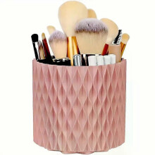 (Pink No Brushes) 360 Rotating Makeup Storage Box Desktop Organizer Cosmetic Brushes Holder Lipstick Eyebrow Pencil Jewelry Container