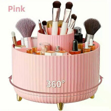 (360 Pink) 360 Rotating Makeup Storage Box Desktop Organizer Cosmetic Brushes Holder Lipstick Eyebrow Pencil Jewelry Container