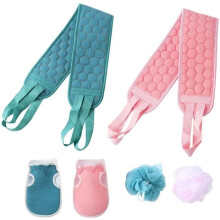 Exfoliërende handschoen, 6-delige rugscrubberset voor onder de douche en in bad, 3-in-1 rugstripset met doucheballen, badhandschoenen