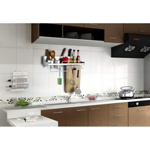 Wall-Mounted Kitchen Shelf, Multifunctional Spice Rack, Kitchen Organizer for Hanging Kitchen Utensils with 10 Hooks 1