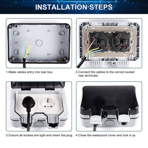 External power outlet, electrical, waterproof, wall socket with double switch, IP66 protection class 1