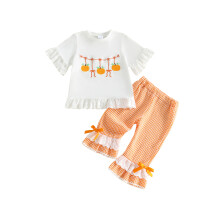 (12-18 Months, Orange) Toddler Baby Girls Halloween Outfits Adorable Pumpkin Embroidery Short Sleeve Tops and Plaid Flared Pants Set