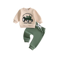 (6-12 Months, Green) Boys 2Pcs Fall Outfits Long Sleeve O Neck Letter Excavator Print Sweatshirt Solid Colr Pants Sets