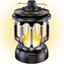 Lampe de camping LED, rechargeable par USB, style vintage, intensité variable, lumière chaude et blanche, batterie externe 5200 mAh, noire