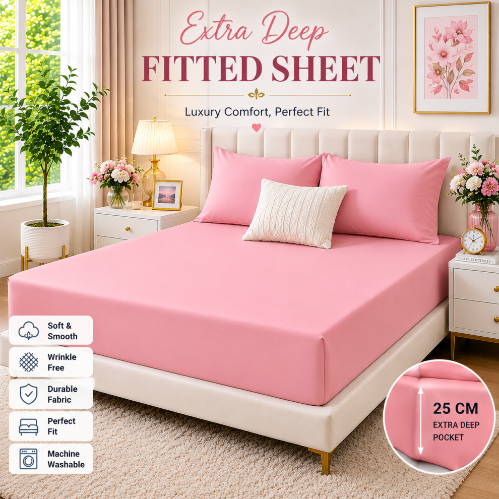 Yorkshire Bedding (Super King: 180 X 200, ) Pack Of 2 Fitted Bed Sheets 25Cm Deep Single Double King Super King Size Fitted Sheet & Pillowcases Pair Pink