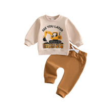 (6-12 Months, Khaki) Boys 2Pcs Fall Outfits Long Sleeve O Neck Letter Excavator Print Sweatshirt Solid Colr Pants Sets