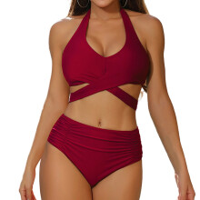 Women's Tummy Swimsuits, Modest High WaistSets, 2-Burgundy XXL
