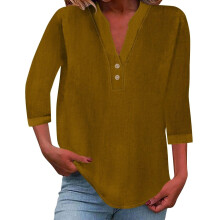 Women's cotton and linen shirt, solid color,-coffee XXXL
