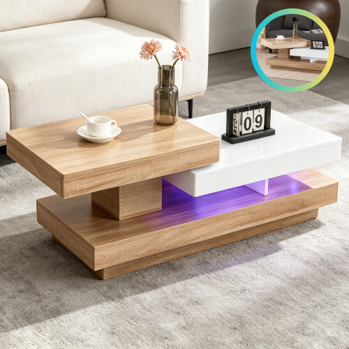 360 Rotating Coffee Table With LED Wooden Side Table