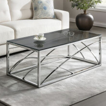 (Silver Leg) Glass Coffee Table Gold/Silver Stainless Steel Leg