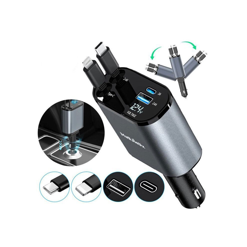 120W Car Usb Cigarette Lighter Charger, 4 Ports With Retractable Usb C Cables, Pd Qc 3.0 Fast Charging 341193340901