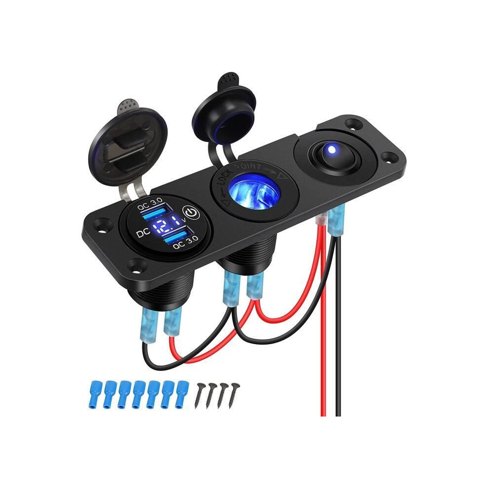12V Qc3.0 Usb Car Charger Panel With Cigarette Lighter Socket, Led Voltmeter And Rocker Switch, Black 4367596145406