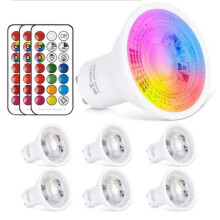 6 Pack RGB GU10 LED Spot Bulbs 6W Dimmable 2700K Warm White with Remote Control 12 Colors Equivalent 20W