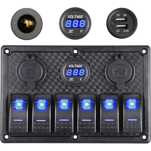 6-Gang Waterproof Rocker Switch Panel with Digital Voltage Display, 12V/24V, Dual 5V USB Charger Socket