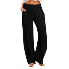 Ribbed Fabric Pants For Women Loose Elastic Waist-Black XL