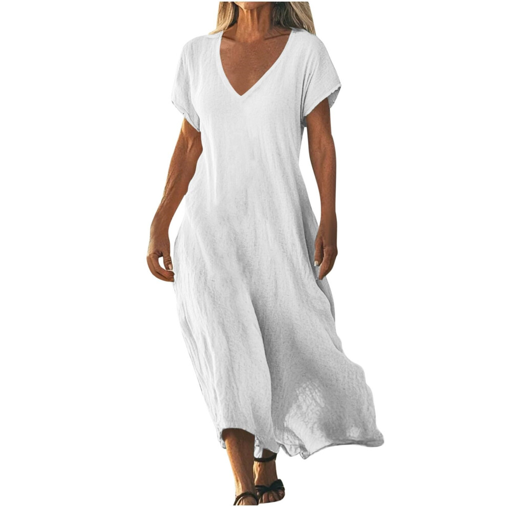 White Women's Cotton And Linen Wear V-Neck Bohemian Long- M