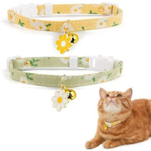 Set aus 2 Baumwoll-Katzenhalsbändern mit Glöckchen, gelb-grünem Blumenanhänger, niedliches Katzenhalsband, Kätzchenhalsband.