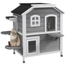 Houten huis met twee verdiepingen, waterdicht en winterbestendig, met asfalt dak, scharnierend deksel, kattenhol, tuinbalkon