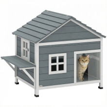 Houten kattenhuis, kattengrot met twee verdiepingen, waterdicht scharnierend dak en zijplatform, 101x72,5x81 cm, grijs