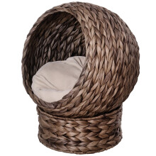 Kattenmand van waterhyacint inclusief kussen, kattenbed, dierenbed, 50 cm x 42 cm x 60 cm, bruin + beige