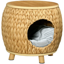 Grotte d'extérieur pour chat en jacinthe d'eau, coussin lavable, 44 cm x 43 cm x 42 cm, marron clair, bois naturel et gris