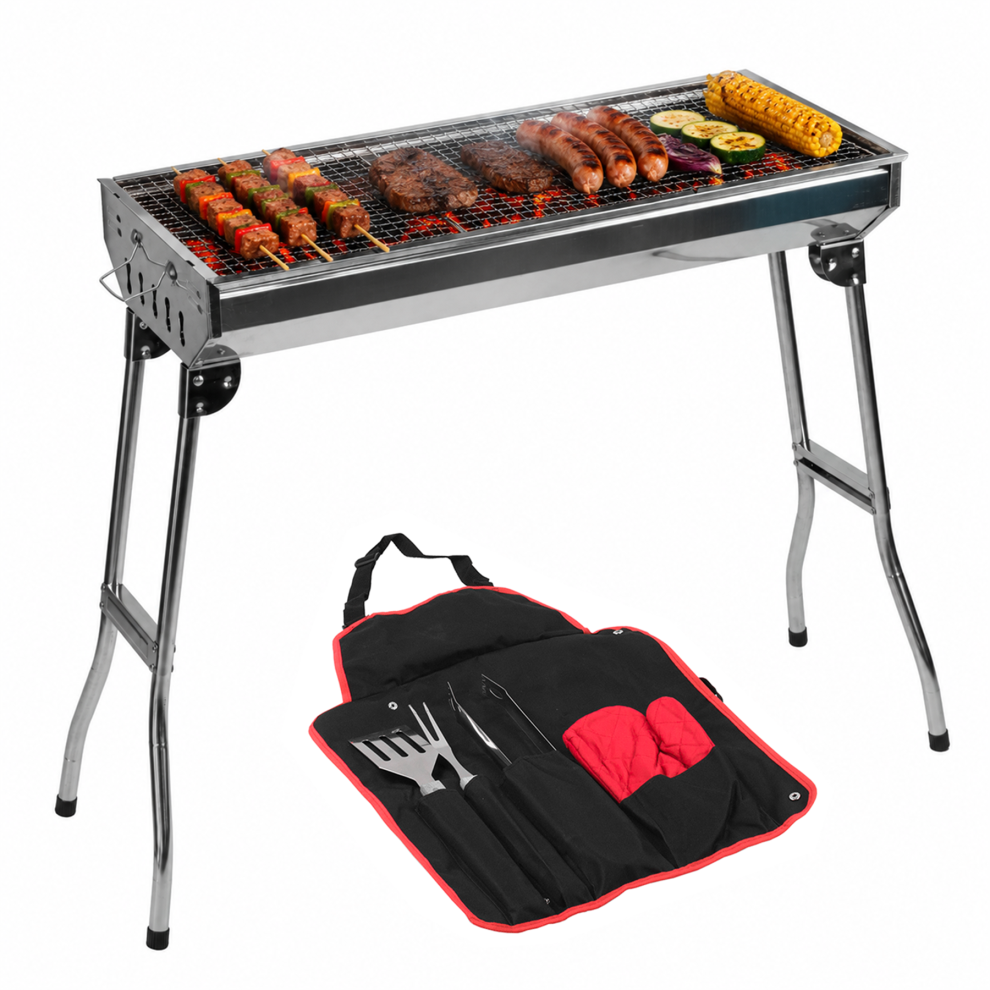 Kct Stainless Steel Portable Bbq And Tool Kit - Folding Large Barbecue Grill For Outdoor Camping Foldable Barbeque Silver