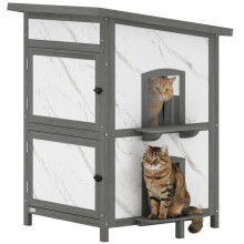 Kattenhuis voor buiten, houten kattenhuis, meerdere ingangen, ramen, waterdicht, 60 x 60 x 88 cm, wit